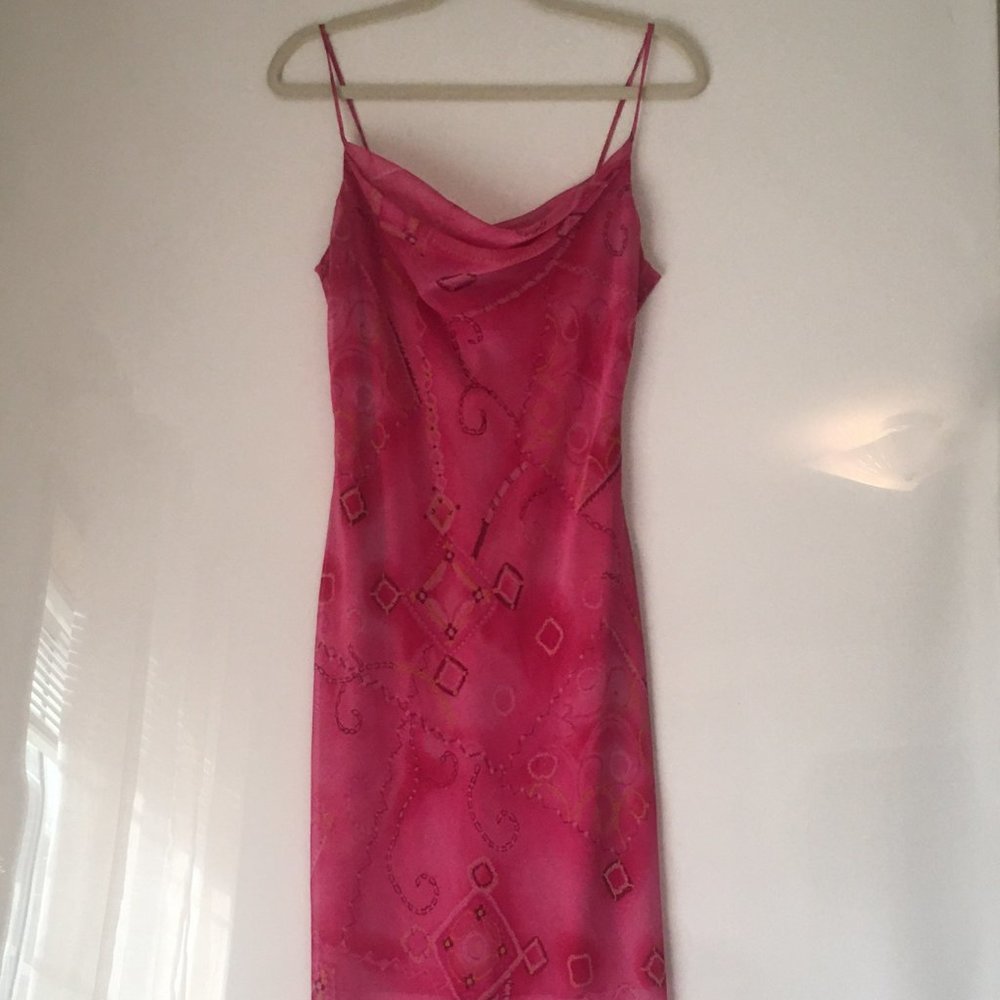 Stretchy Hot Pink/Gold Print Spaghetti Strap Cowl Neck CocktailDress, Size Large